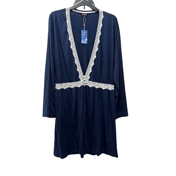 NWT Cosabella Lace Trim Flirty Sleep Robe in Navy Blue/ Moon Ivory MSRP$104 - Picture 4 of 10